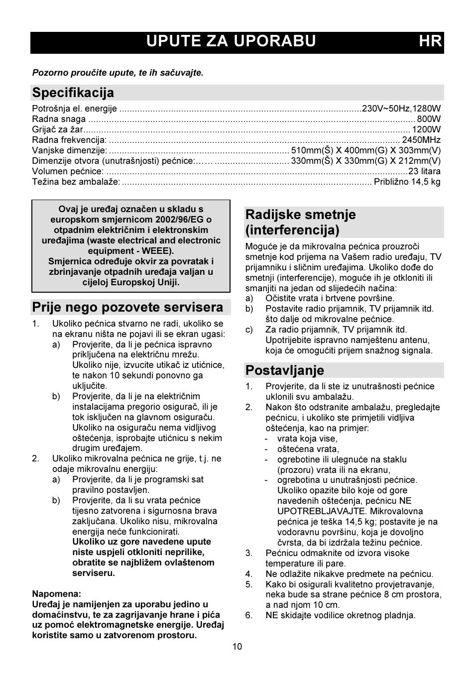 Upute za uporabu hr, Specifikacija, Prije nego pozovete servisera | Radijske smetnje (interferencija), Postavljanje | Gorenje GMO-23 DGW User Manual | Page 10 / 160