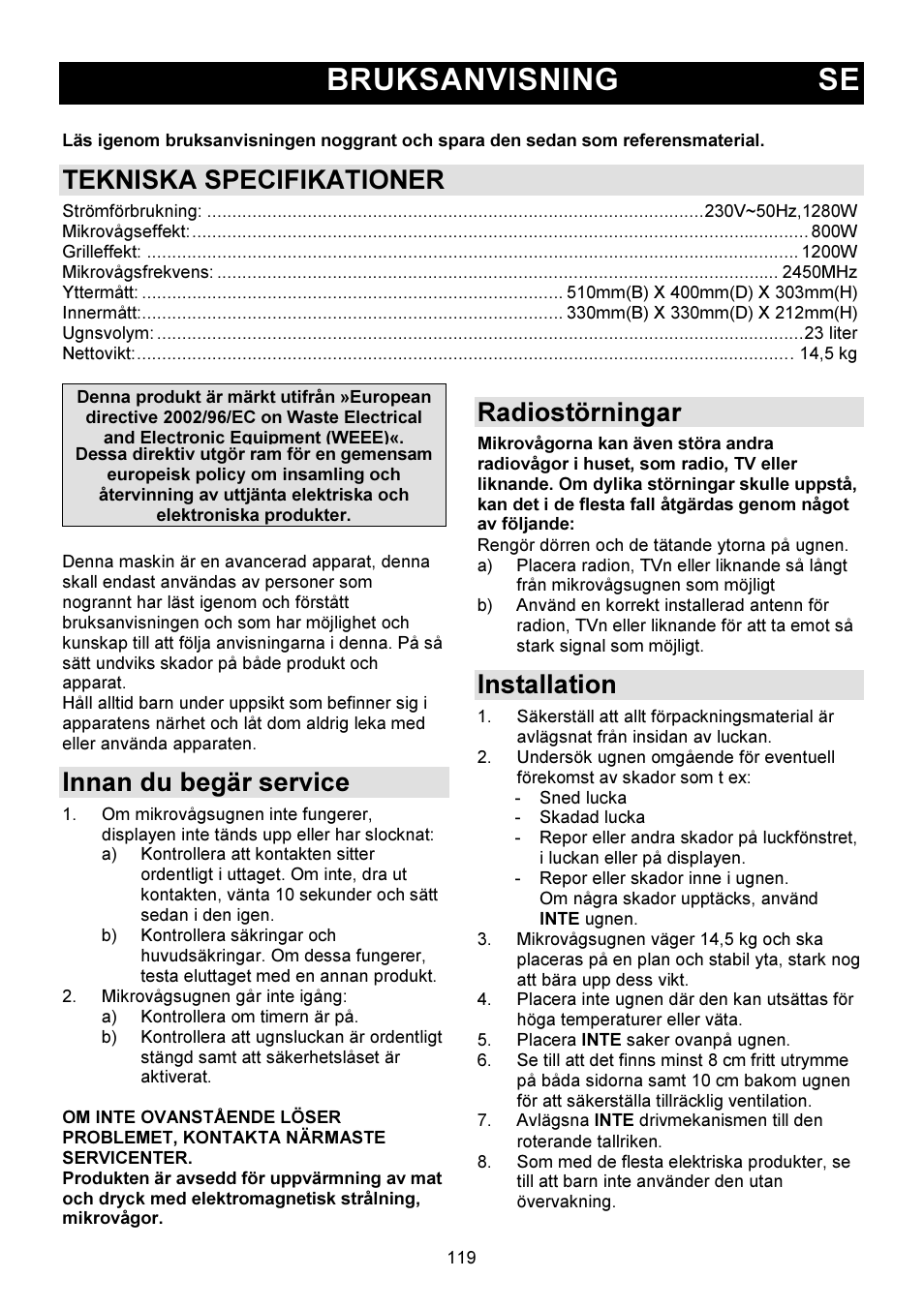 Bruksanvisning se, Tekniska specifikationer, Innan du begär service | Radiostörningar, Installation | Gorenje GMO-23 DGW User Manual | Page 119 / 160