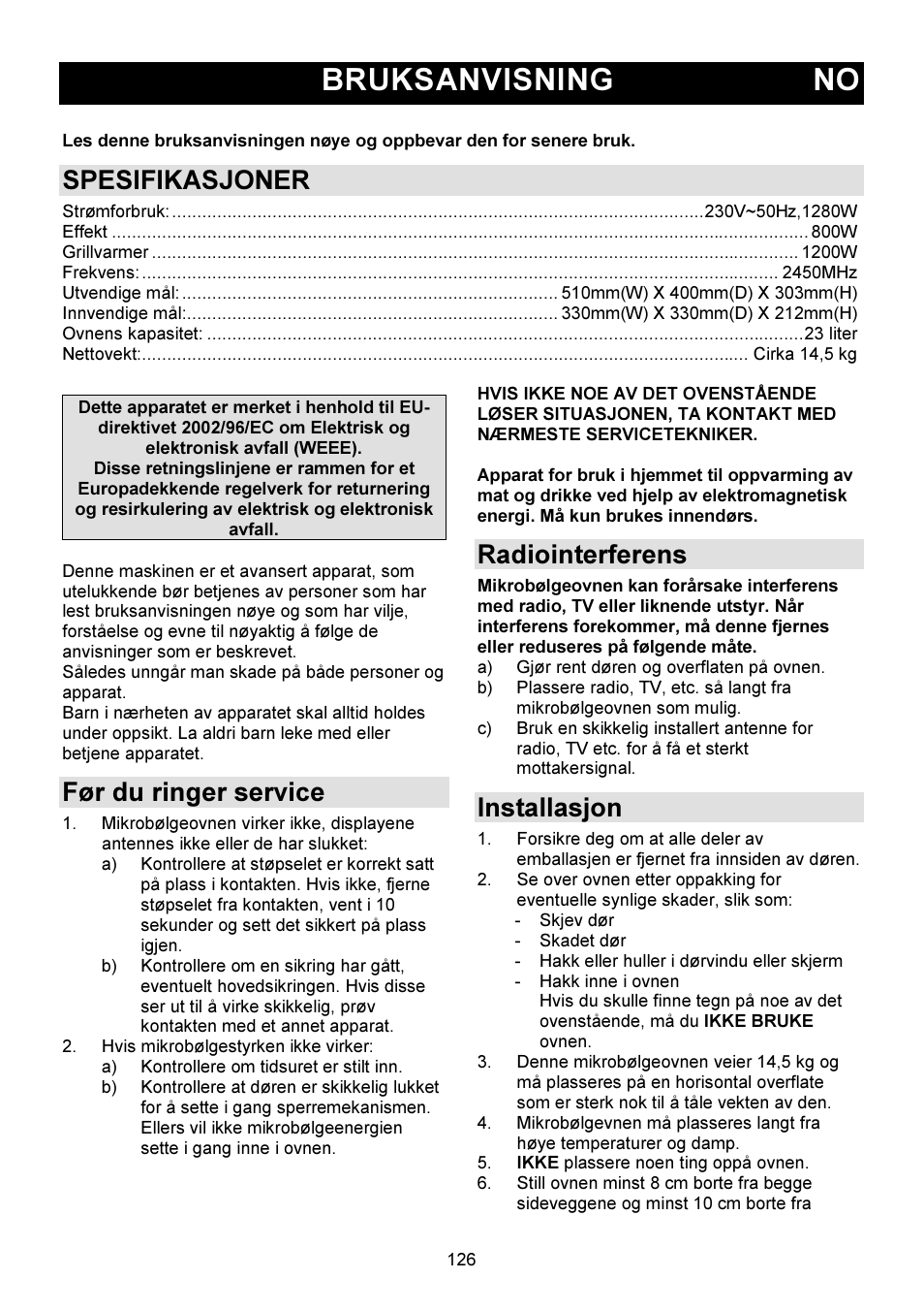 Bruksanvisning no, Spesifikasjoner, Før du ringer service | Radiointerferens, Installasjon | Gorenje GMO-23 DGW User Manual | Page 126 / 160