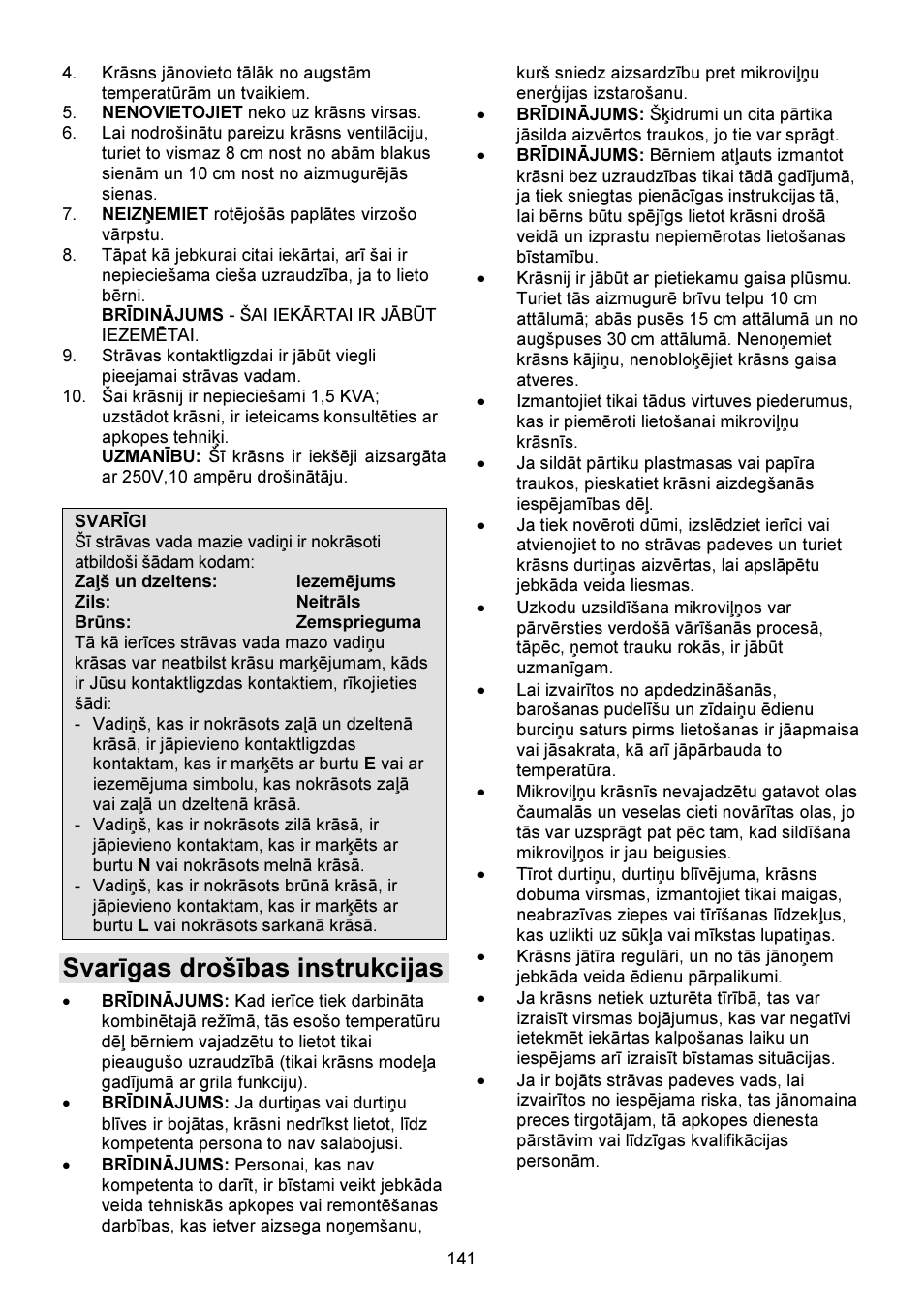 Svarīgas drošības instrukcijas | Gorenje GMO-23 DGW User Manual | Page 141 / 160