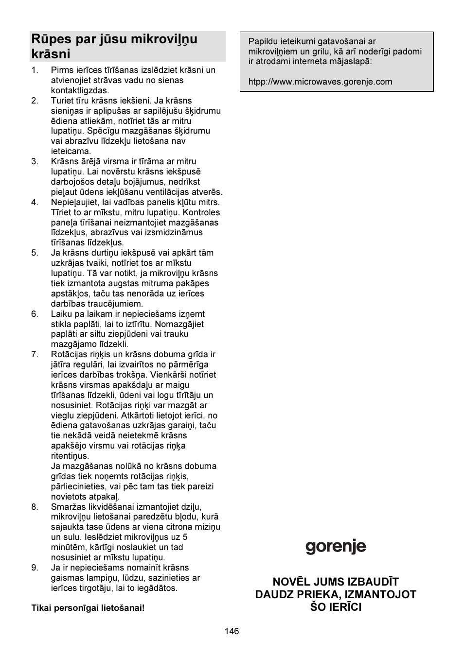 Rūpes par jūsu mikroviļņu krāsni | Gorenje GMO-23 DGW User Manual | Page 146 / 160