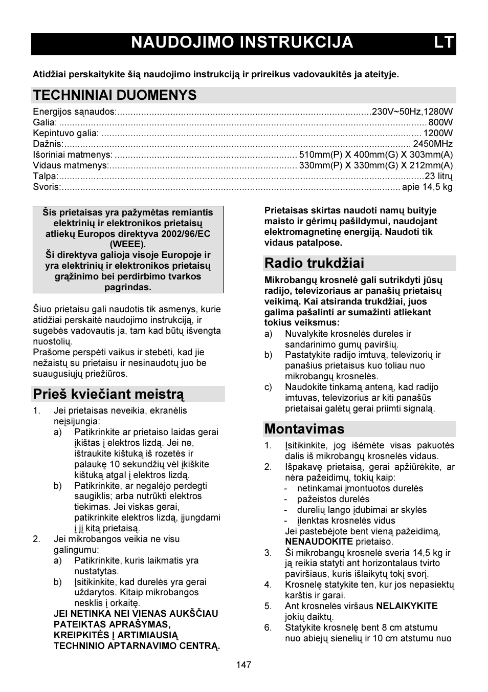 Naudojimo instrukcija lt, Techniniai duomenys, Prieš kviečiant meistrą | Radio trukdžiai, Montavimas | Gorenje GMO-23 DGW User Manual | Page 147 / 160