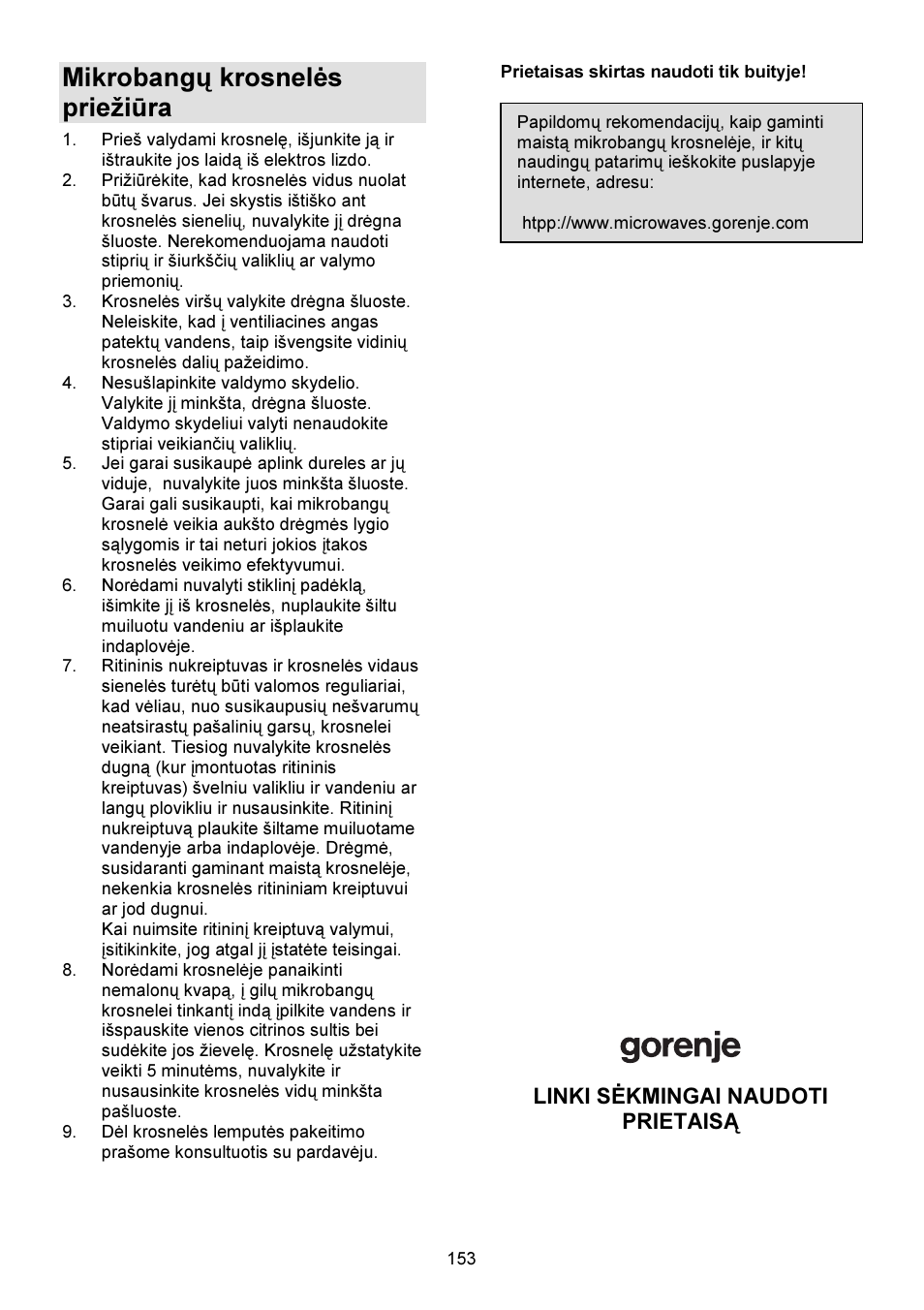 Mikrobangų krosnelės priežiūra | Gorenje GMO-23 DGW User Manual | Page 153 / 160