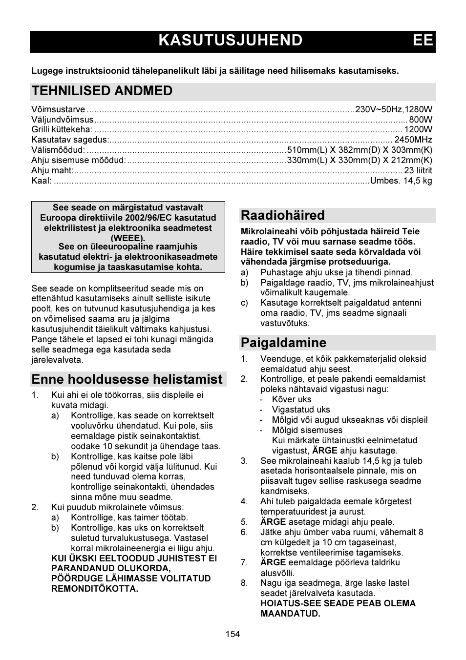 Kasutusjuhend ee, Tehnilised andmed, Enne hooldusesse helistamist | Raadiohäired, Paigaldamine | Gorenje GMO-23 DGW User Manual | Page 154 / 160