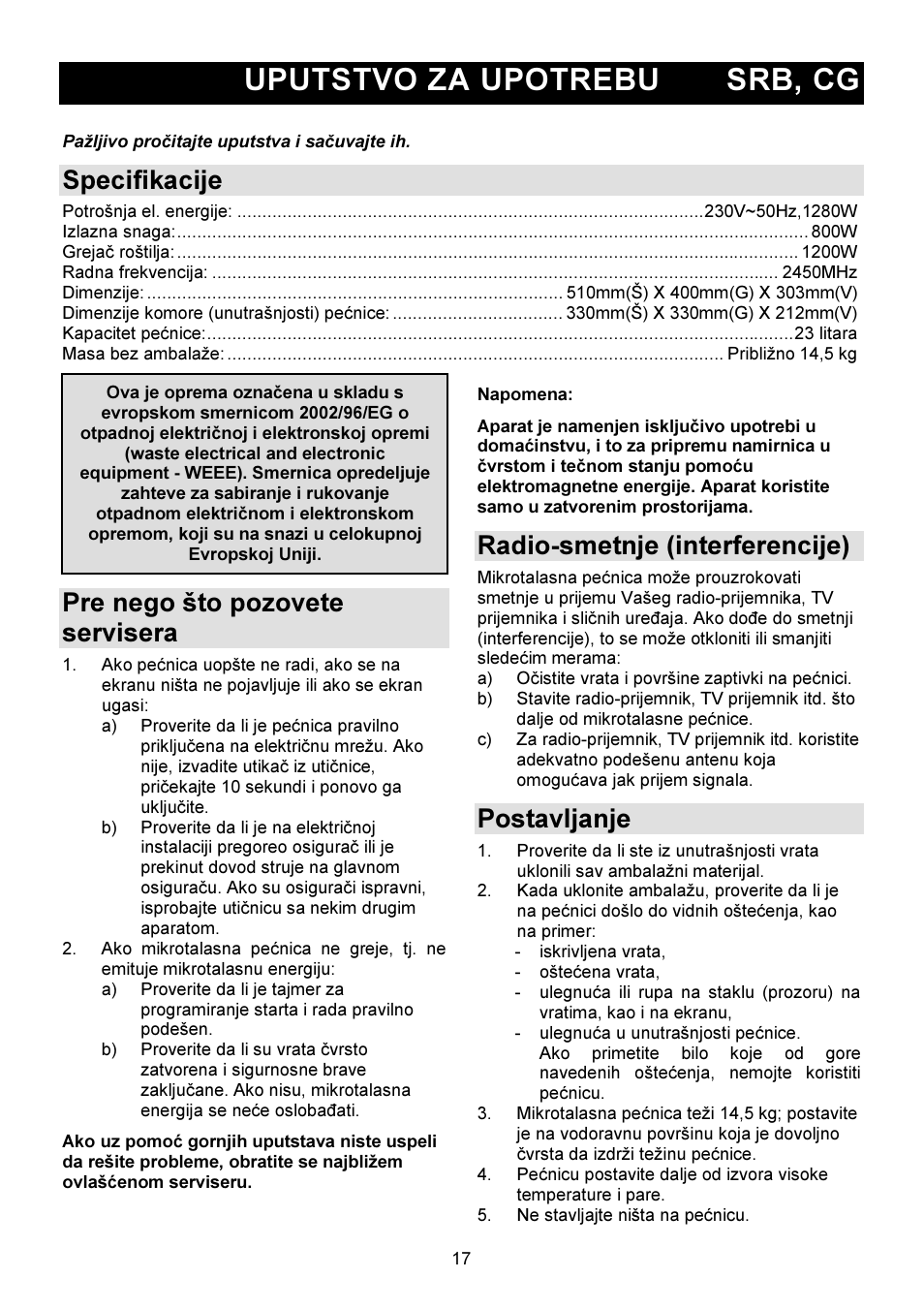Uputstvo za upotrebu srb, cg, Specifikacije, Pre nego što pozovete servisera | Radio-smetnje (interferencije), Postavljanje | Gorenje GMO-23 DGW User Manual | Page 17 / 160