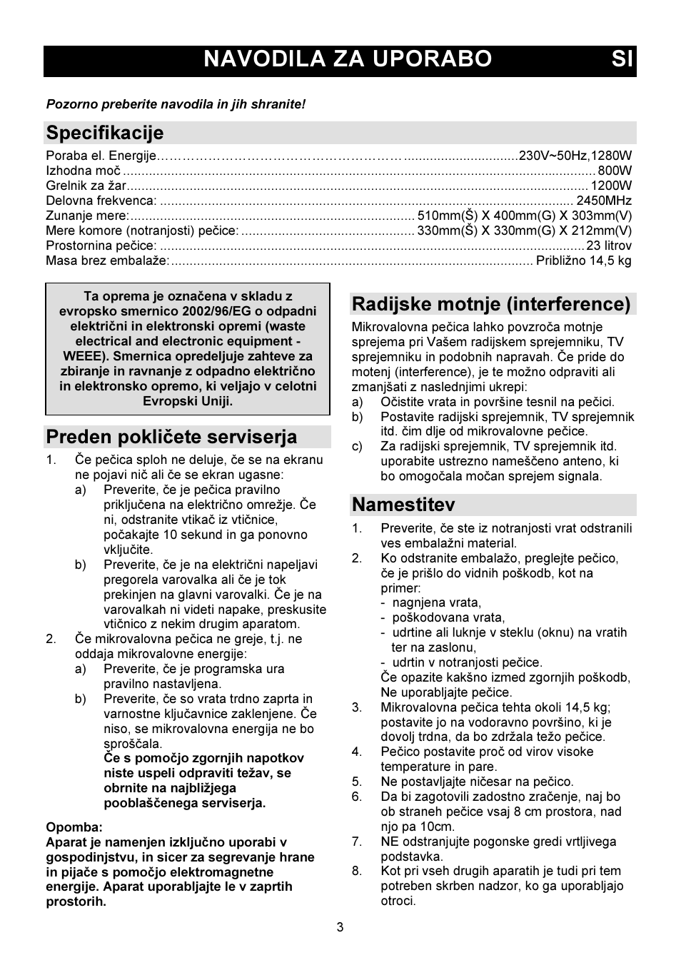 Navodila za uporabo si, Specifikacije, Preden pokličete serviserja | Radijske motnje (interference), Namestitev | Gorenje GMO-23 DGW User Manual | Page 3 / 160