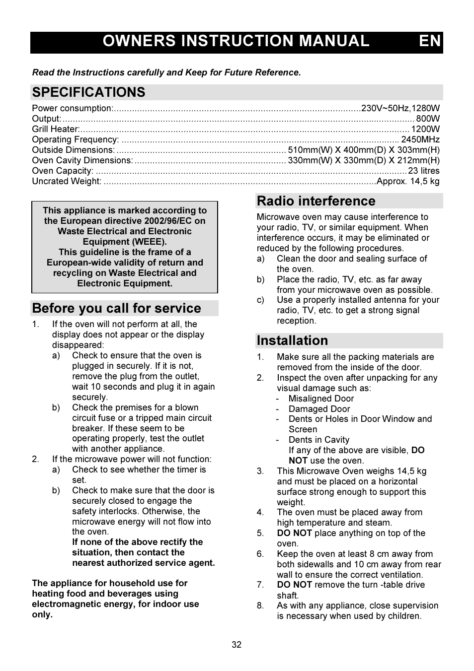 Owners instruction manual en, Specifications, Before you call for service | Radio interference, Installation | Gorenje GMO-23 DGW User Manual | Page 32 / 160