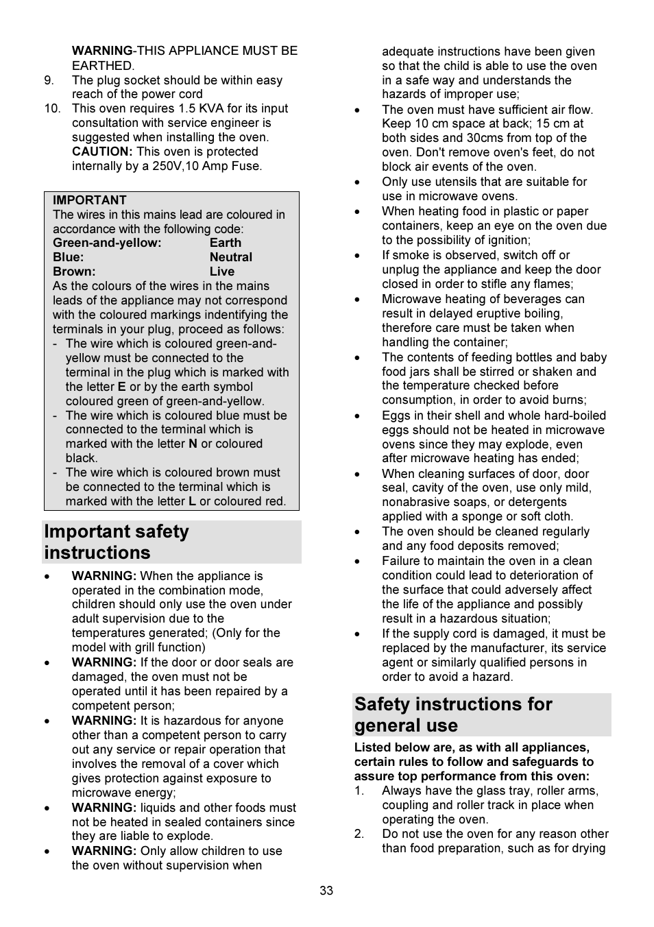 Important safety instructions, Safety instructions for general use | Gorenje GMO-23 DGW User Manual | Page 33 / 160