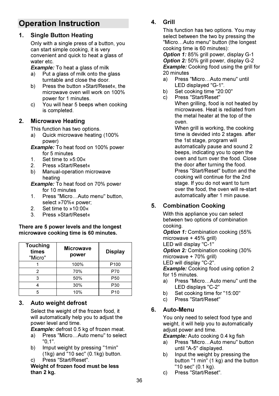 Operation instruction | Gorenje GMO-23 DGW User Manual | Page 36 / 160