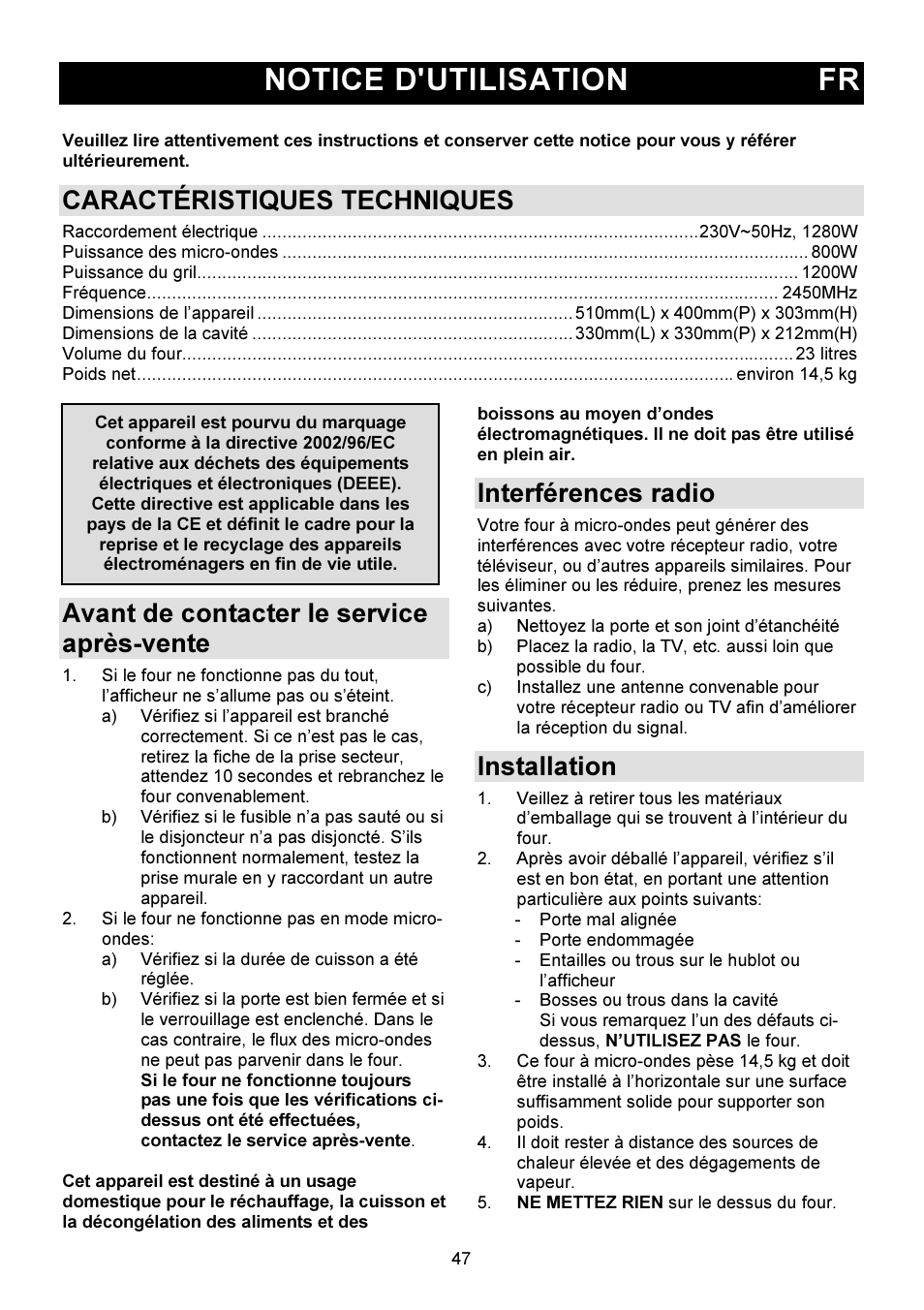 Notice d'utilisation fr, Caractéristiques techniques, Avant de contacter le service après-vente | Interférences radio, Installation | Gorenje GMO-23 DGW User Manual | Page 47 / 160