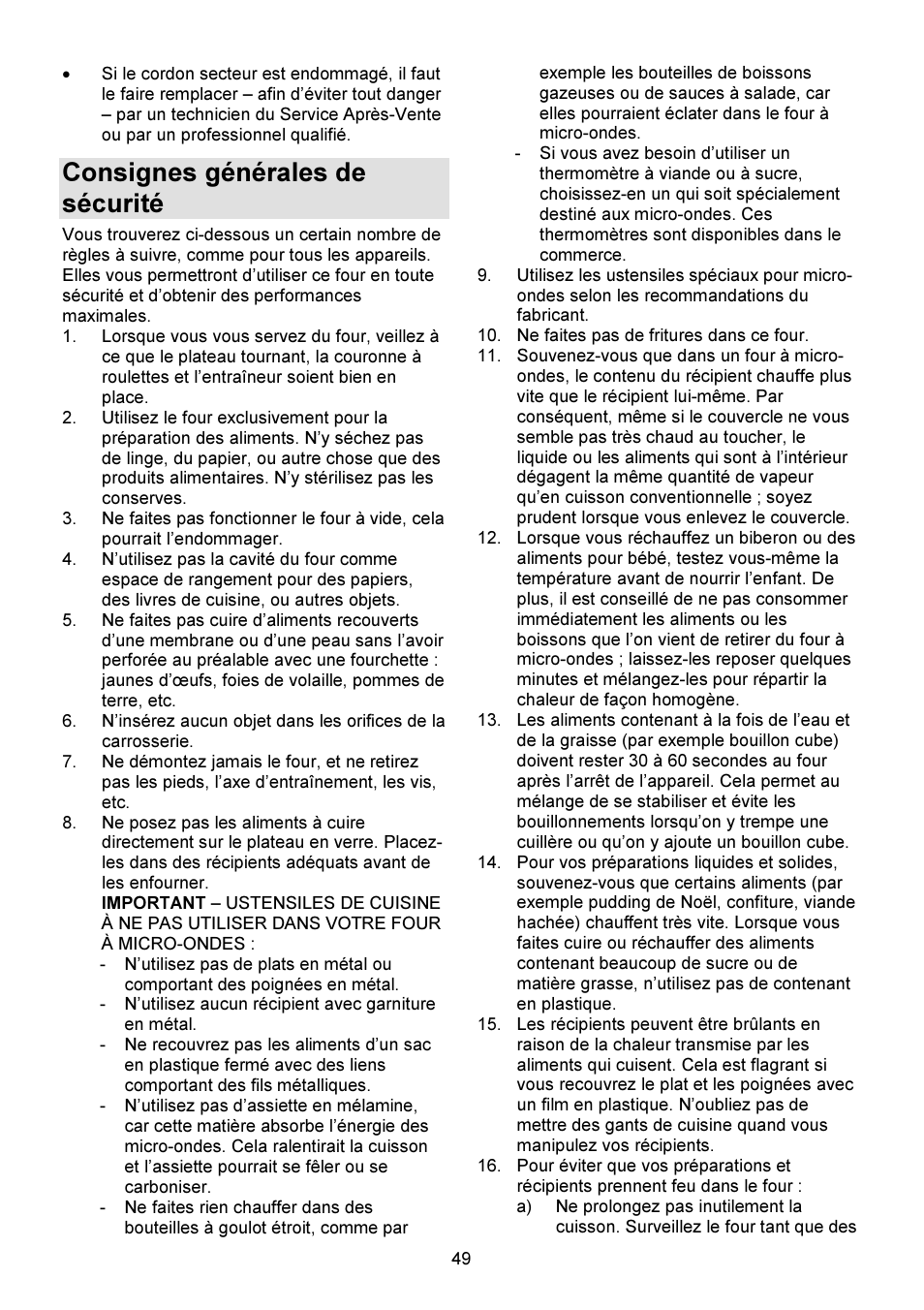 Consignes générales de sécurité | Gorenje GMO-23 DGW User Manual | Page 49 / 160