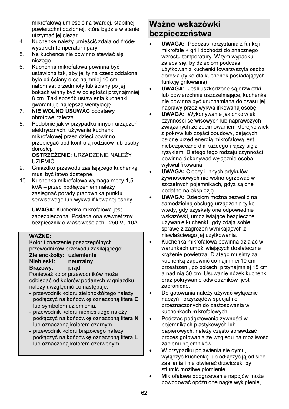 Ważne wskazόwki bezpieczeństwa | Gorenje GMO-23 DGW User Manual | Page 62 / 160
