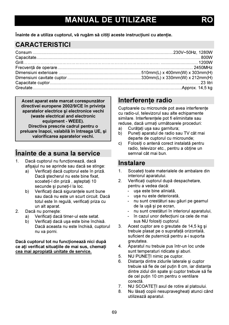 Manual de utilizare ro, Caracteristici, Înainte de a suna la service | Interferenţe radio, Instalare | Gorenje GMO-23 DGW User Manual | Page 69 / 160