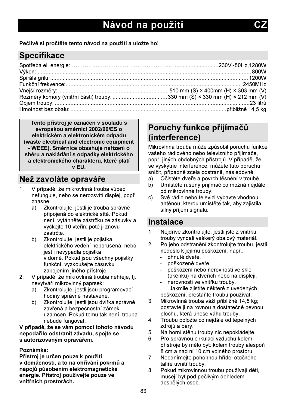 Návod na použití cz, Specifikace, Než zavoláte opraváře | Poruchy funkce přijímačů (interference), Instalace | Gorenje GMO-23 DGW User Manual | Page 83 / 160