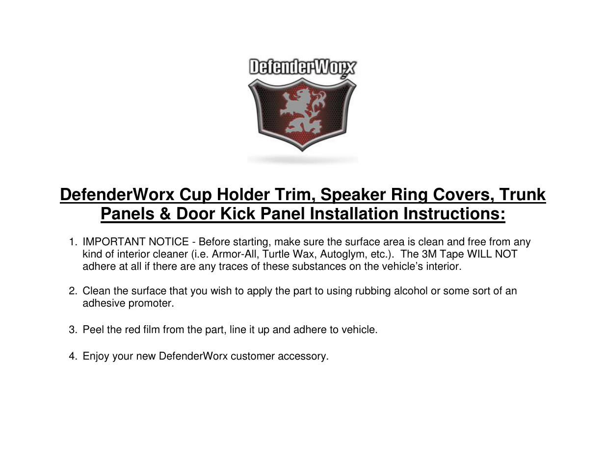 DefenderWorx Camaro Door Kick Panels User Manual | 1 page