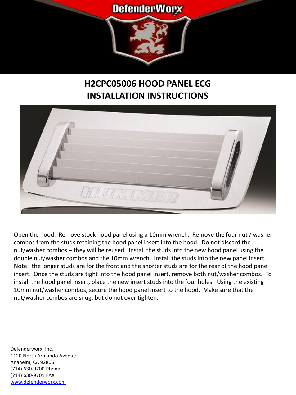 DefenderWorx H2 HOOD PANEL User Manual | 1 page