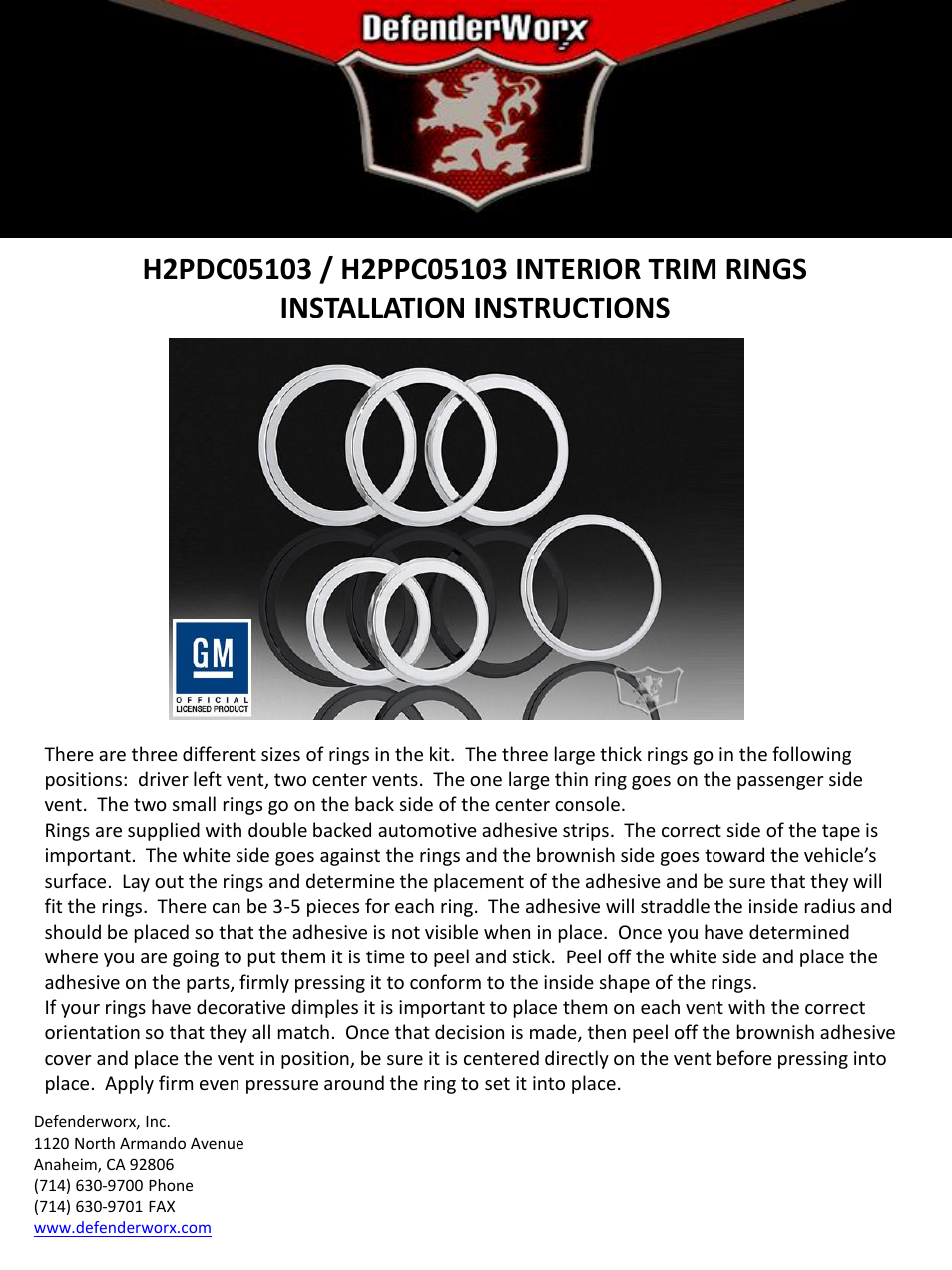 DefenderWorx H2 INTERIOR TRIM RINGS User Manual | 1 page