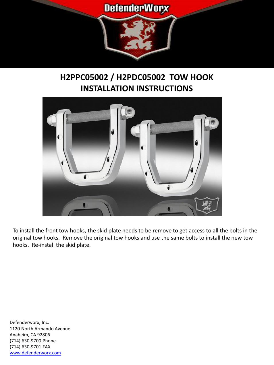 DefenderWorx H2 TOW HOOKS User Manual | 1 page