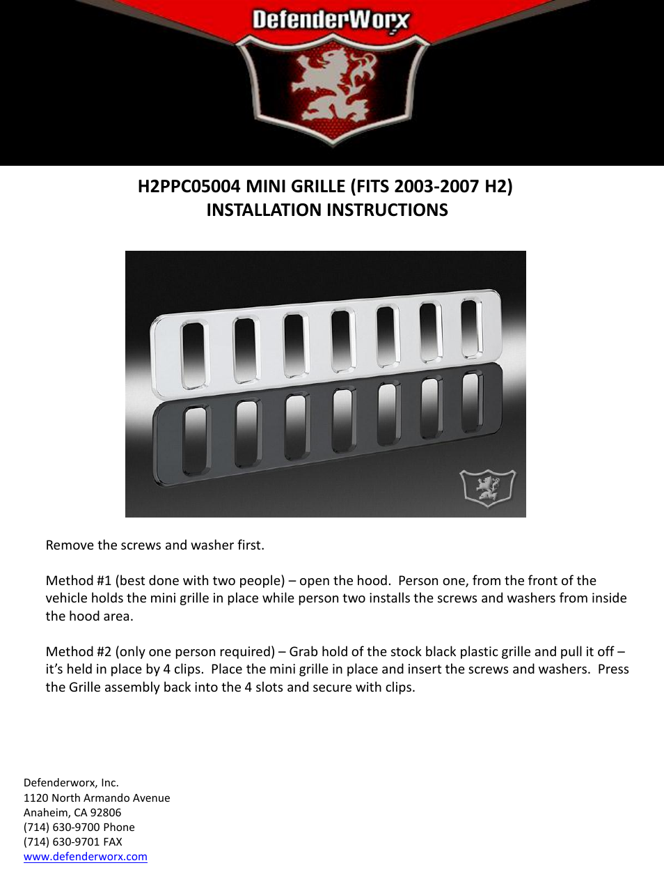 DefenderWorx H2 MINI GRILLE  2003-2007 User Manual | 1 page