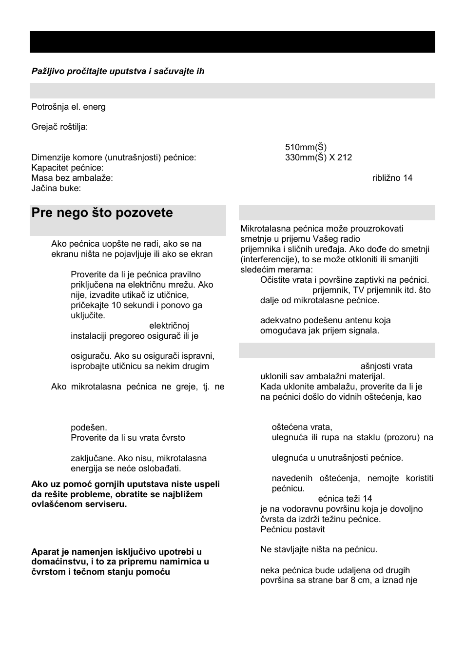 Uputstvo za upotrebu srb mne, Specifikacije, Pre nego ńto pozovete servisera | Radio-smetnje (interferencije), Postavljanje | Gorenje GMO-23 DGB User Manual | Page 17 / 168