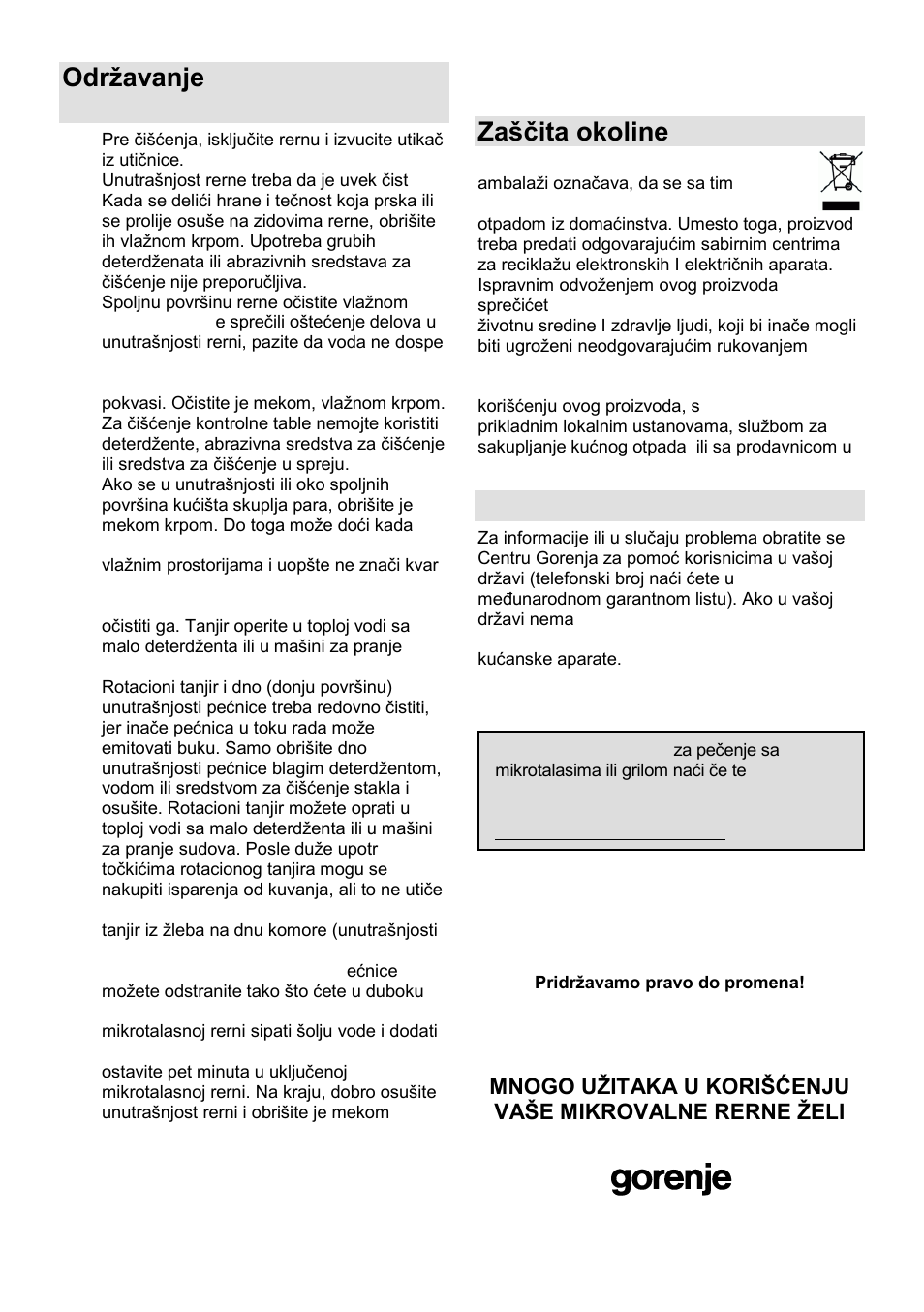 Odrņavanje mikrotalasne rerne, Zańĉita okoline, Garancija i servis | Gorenje GMO-23 DGB User Manual | Page 23 / 168