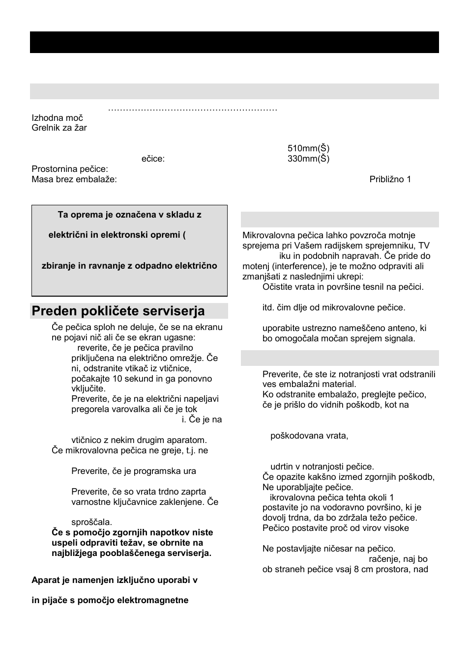 Navodila za uporabo si, Specifikacije, Preden pokliĉete serviserja | Radijske motnje (interference), Namestitev | Gorenje GMO-23 DGB User Manual | Page 3 / 168