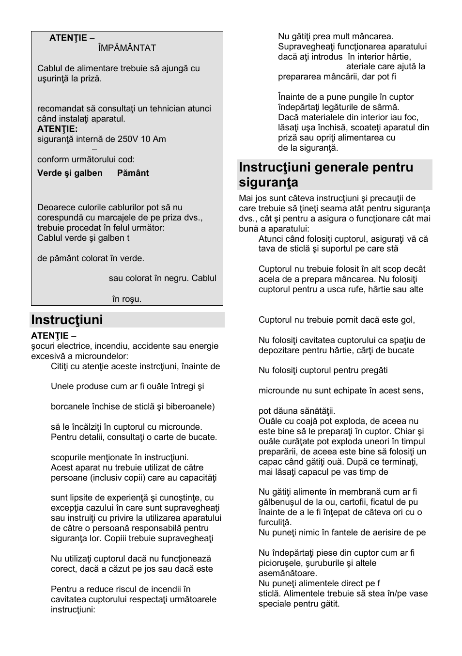 Instrucŝiuni importante, Instrucŝiuni generale pentru siguranŝa dvs | Gorenje GMO-23 DGB User Manual | Page 71 / 168