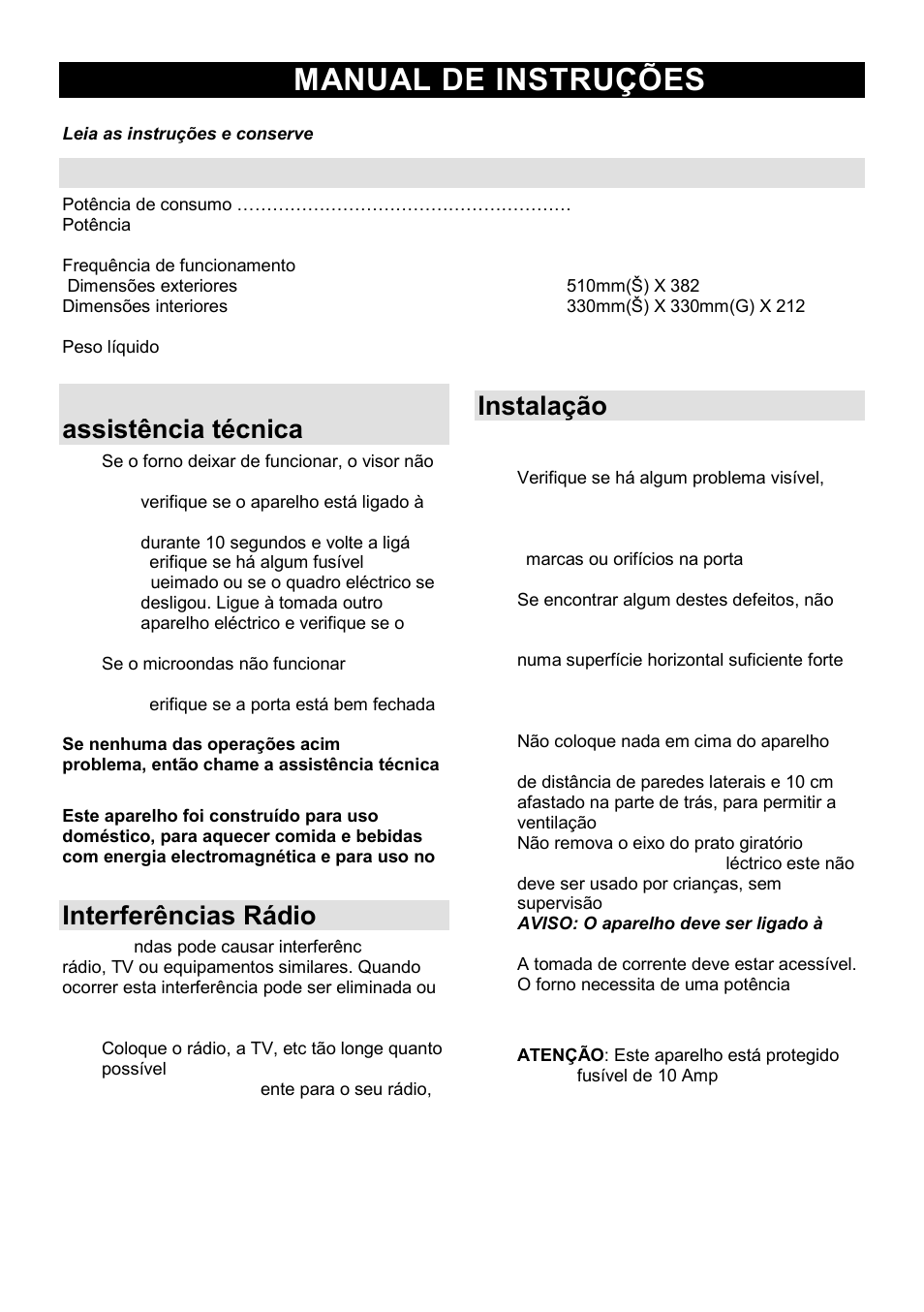 Manual de instruæões pt, Specifikacije, Antes de chamar a assistência técnica | Interferências rádio, Instalação | Gorenje GMO-23 DGB User Manual | Page 77 / 168