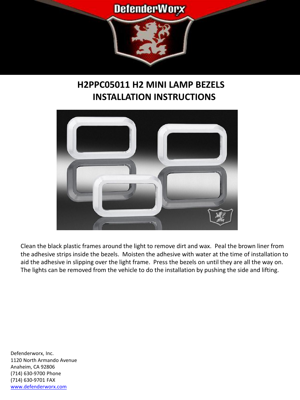 DefenderWorx H2 MINI LAMP BEZELS User Manual | 1 page