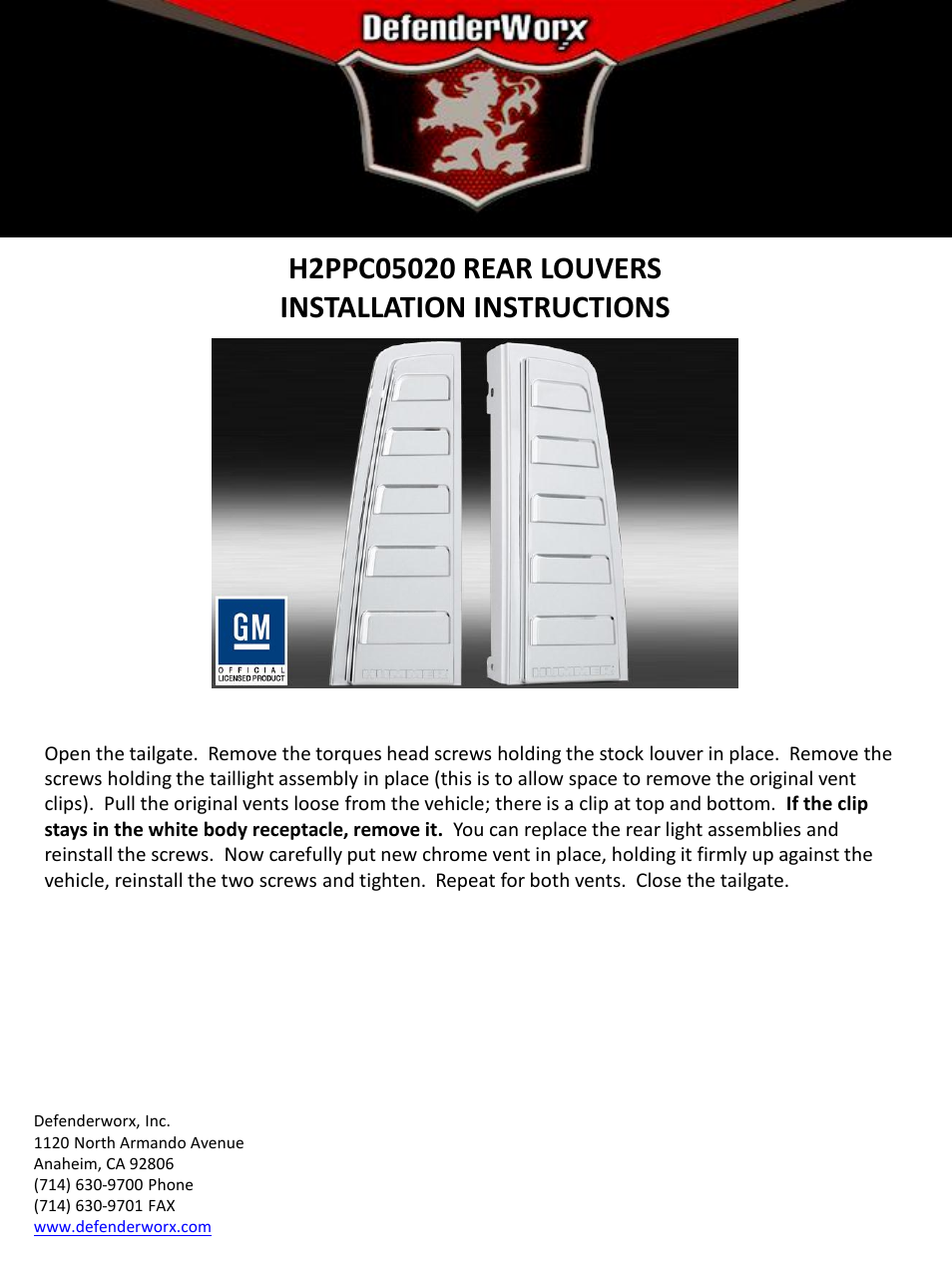 DefenderWorx H2 REAR LOUVERS User Manual | 1 page