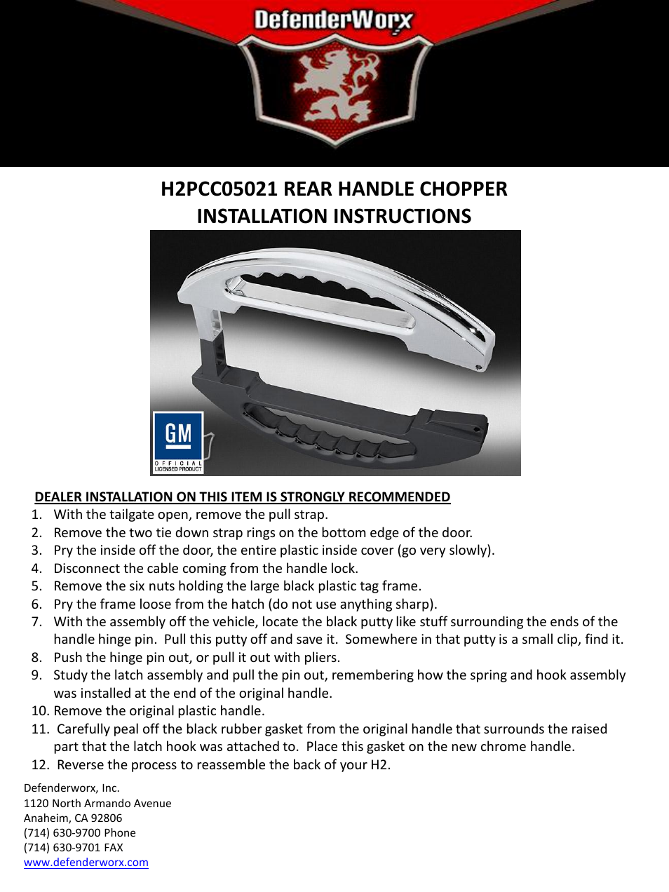 DefenderWorx H2 REAR HANDLES  CHOPPER User Manual | 1 page