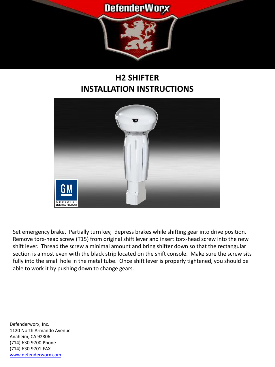 DefenderWorx H2 SHIFTER User Manual | 1 page