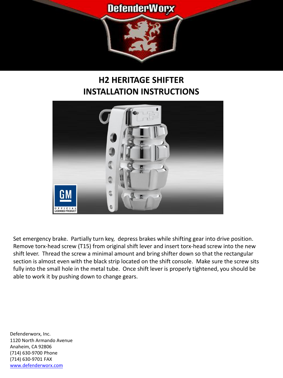 DefenderWorx H2 HERITAGE SHIFTER User Manual | 1 page