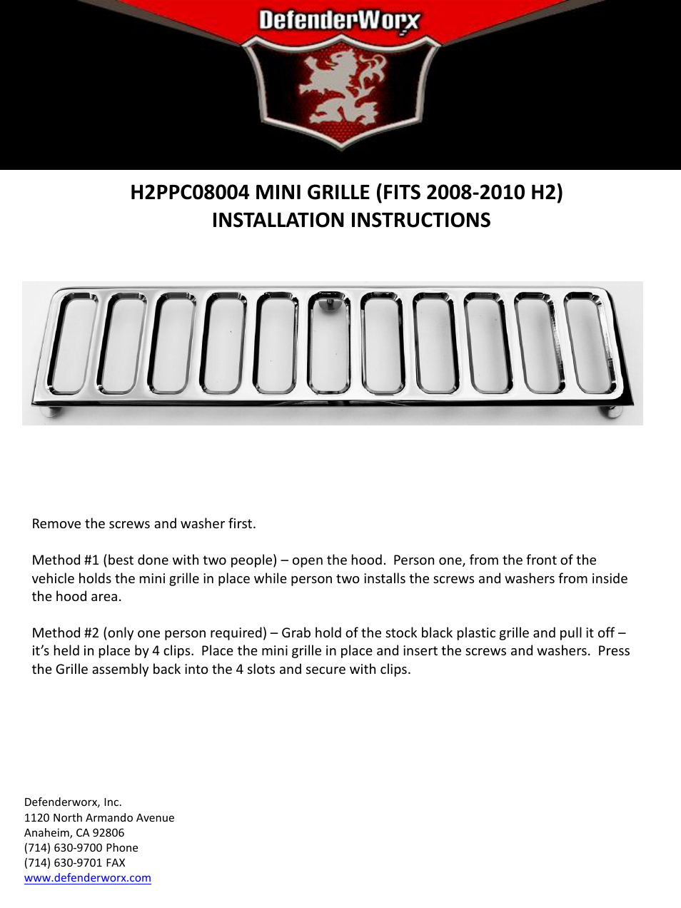 DefenderWorx H2 MINI GRILLE 2008-2010 User Manual | 1 page