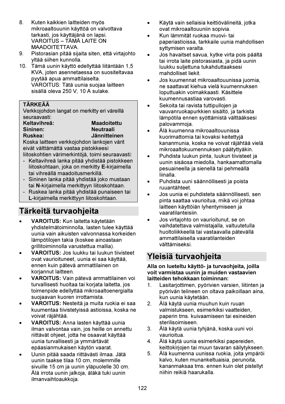 Tärkeitä turvaohjeita, Yleisiä turvaohjeita | Gorenje GMO-23 DW User Manual | Page 122 / 144
