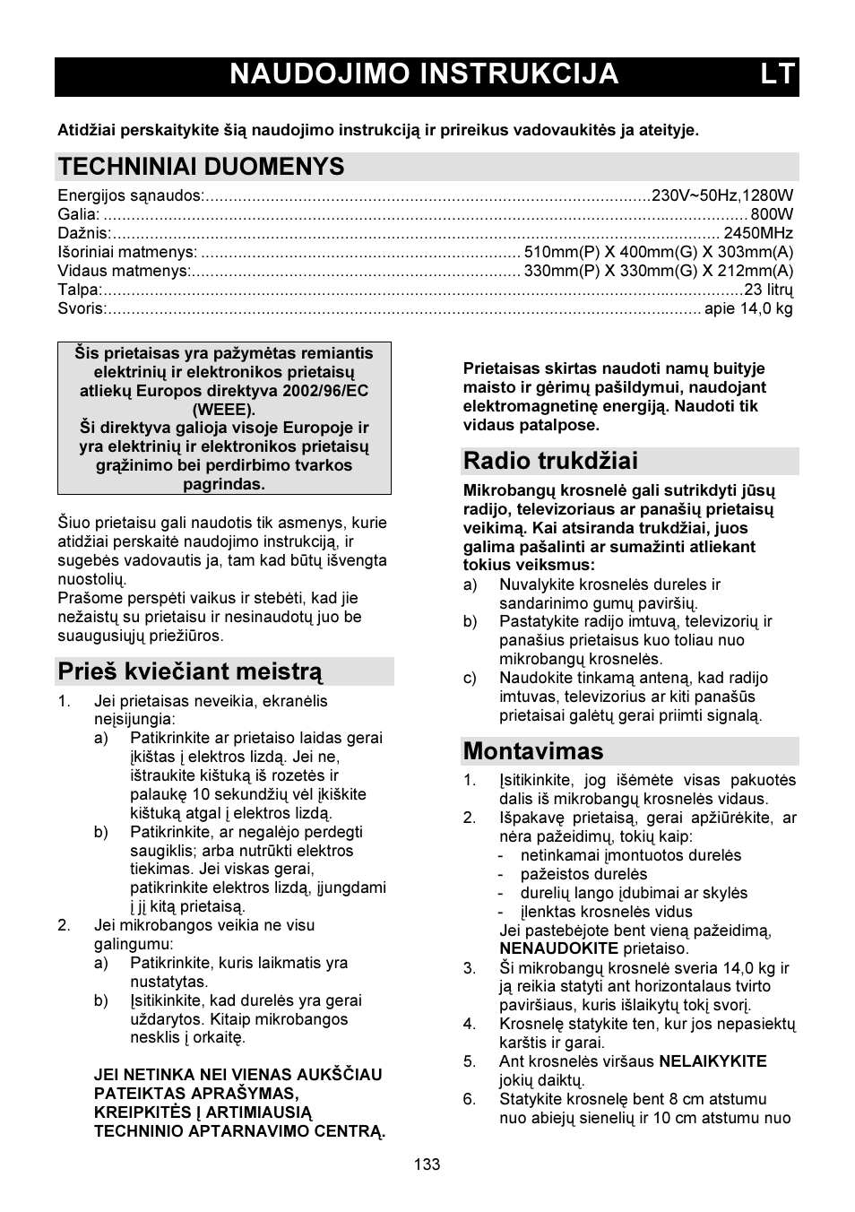 Naudojimo instrukcija lt, Techniniai duomenys, Prieš kviečiant meistrą | Radio trukdžiai, Montavimas | Gorenje GMO-23 DW User Manual | Page 133 / 144