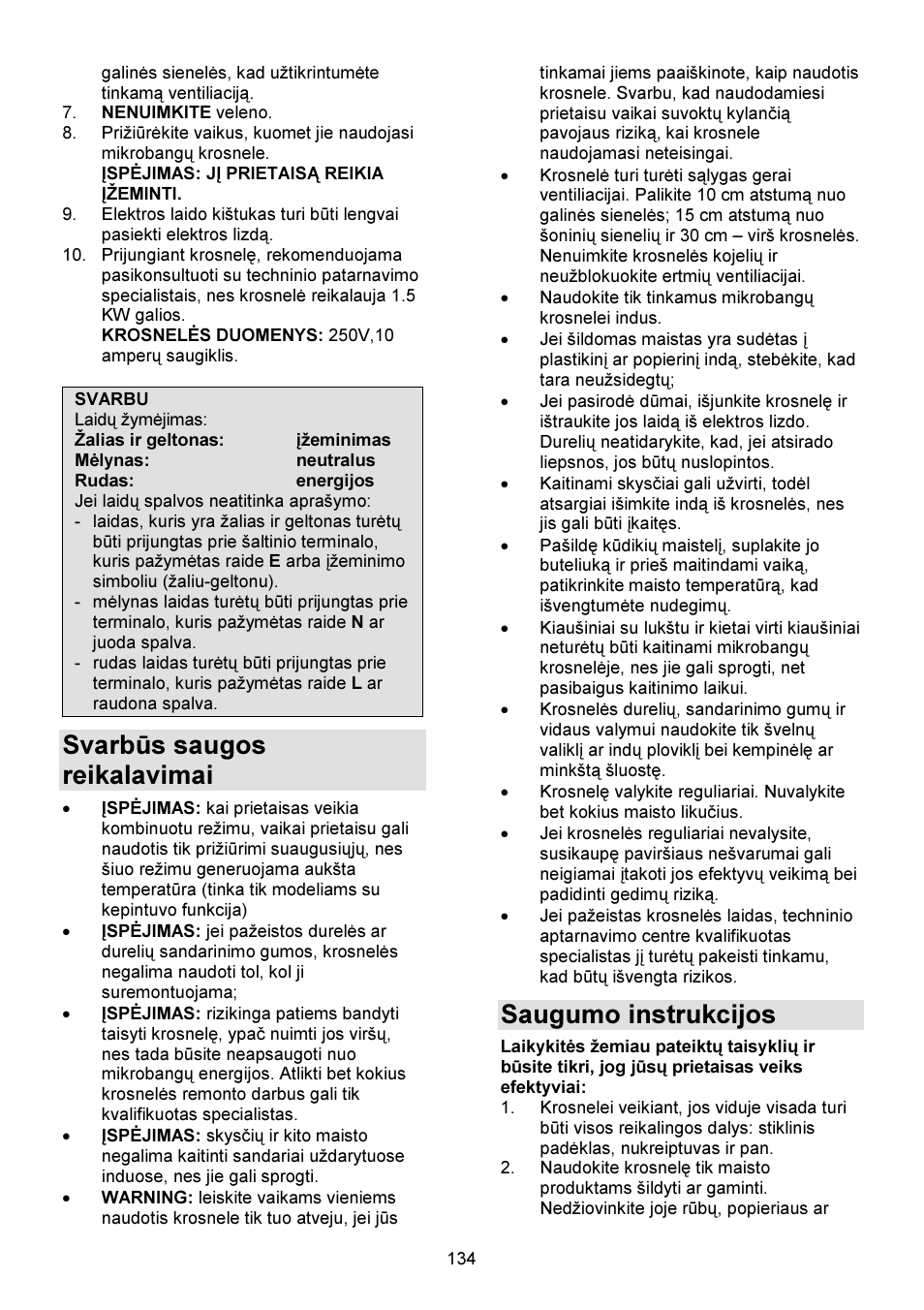 Svarbūs saugos reikalavimai, Saugumo instrukcijos | Gorenje GMO-23 DW User Manual | Page 134 / 144