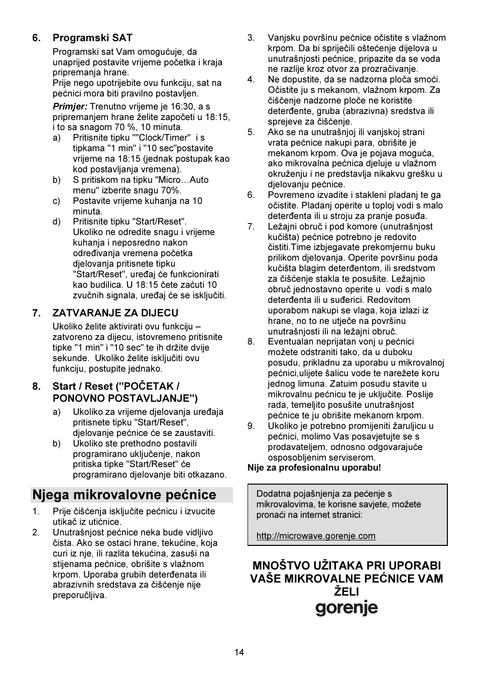 Njega mikrovalovne pećnice | Gorenje GMO-23 DW User Manual | Page 14 / 144