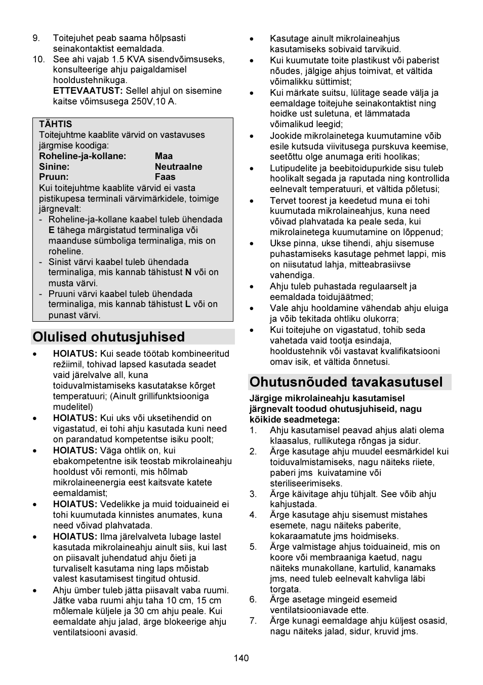 Olulised ohutusjuhised, Ohutusnõuded tavakasutusel | Gorenje GMO-23 DW User Manual | Page 140 / 144