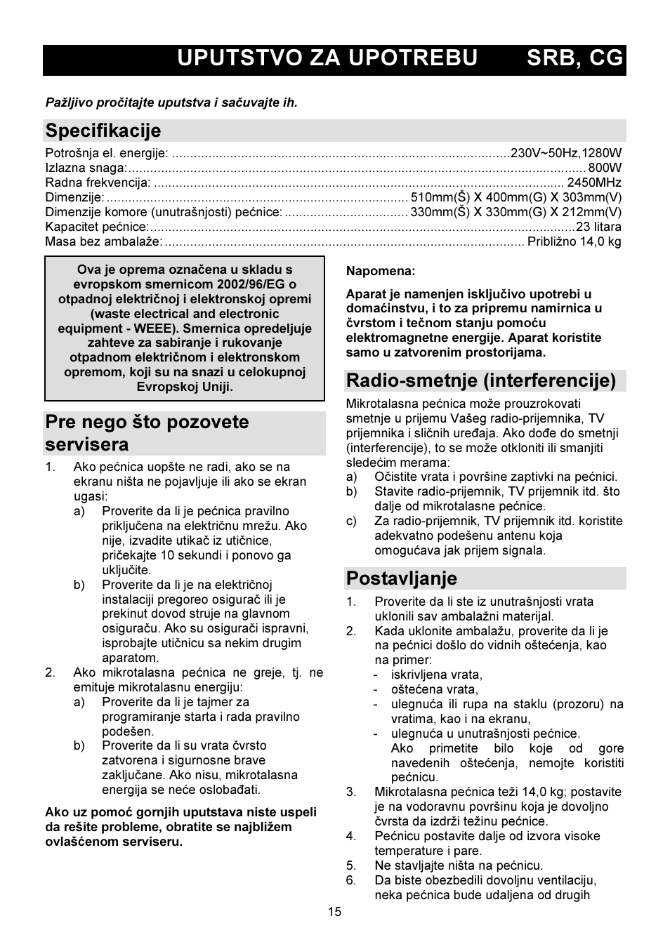 Uputstvo za upotrebu srb, cg, Specifikacije, Pre nego što pozovete servisera | Radio-smetnje (interferencije), Postavljanje | Gorenje GMO-23 DW User Manual | Page 15 / 144