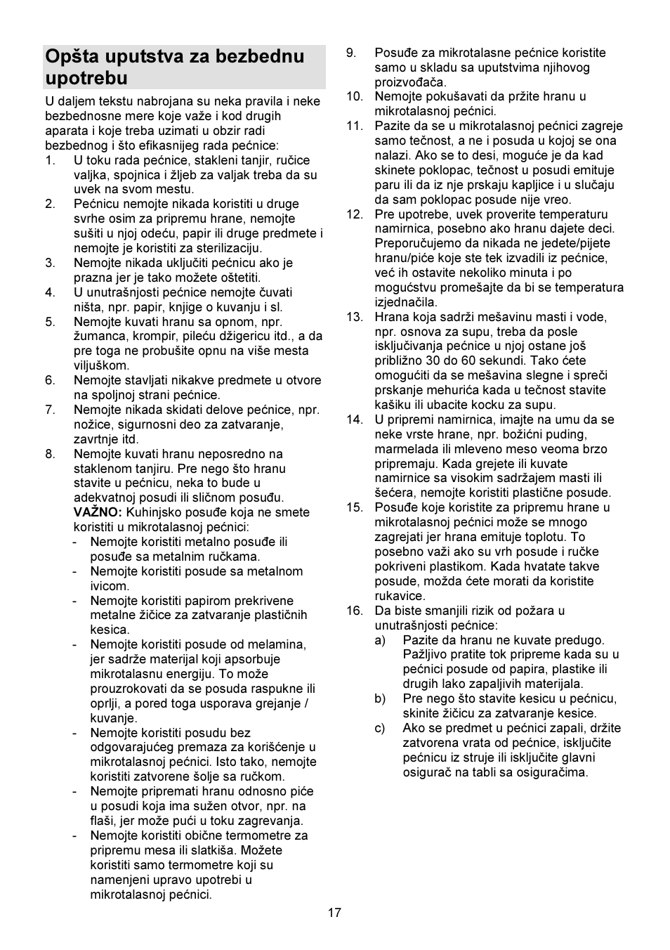 Opšta uputstva za bezbednu upotrebu | Gorenje GMO-23 DW User Manual | Page 17 / 144