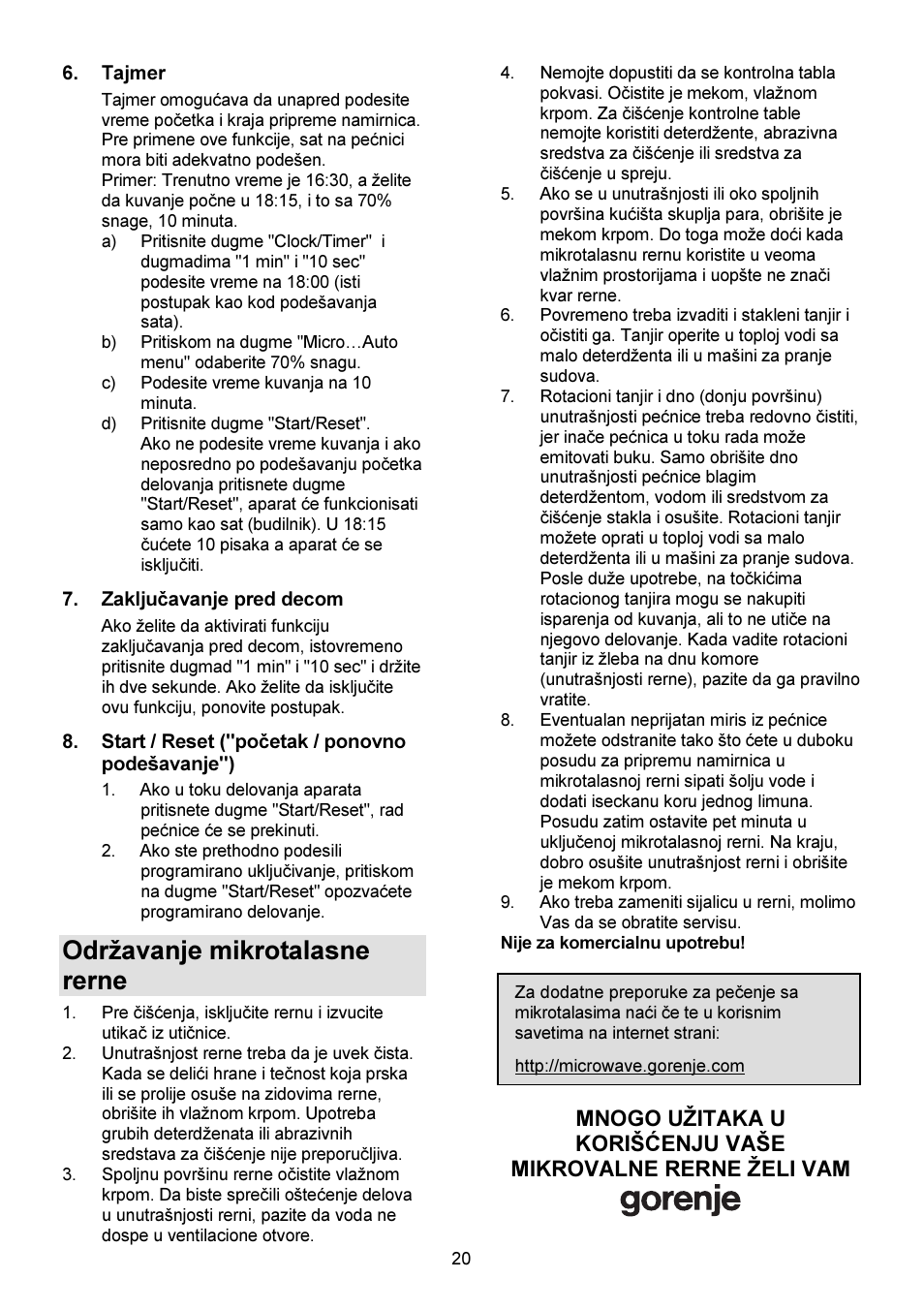 Održavanje mikrotalasne rerne | Gorenje GMO-23 DW User Manual | Page 20 / 144