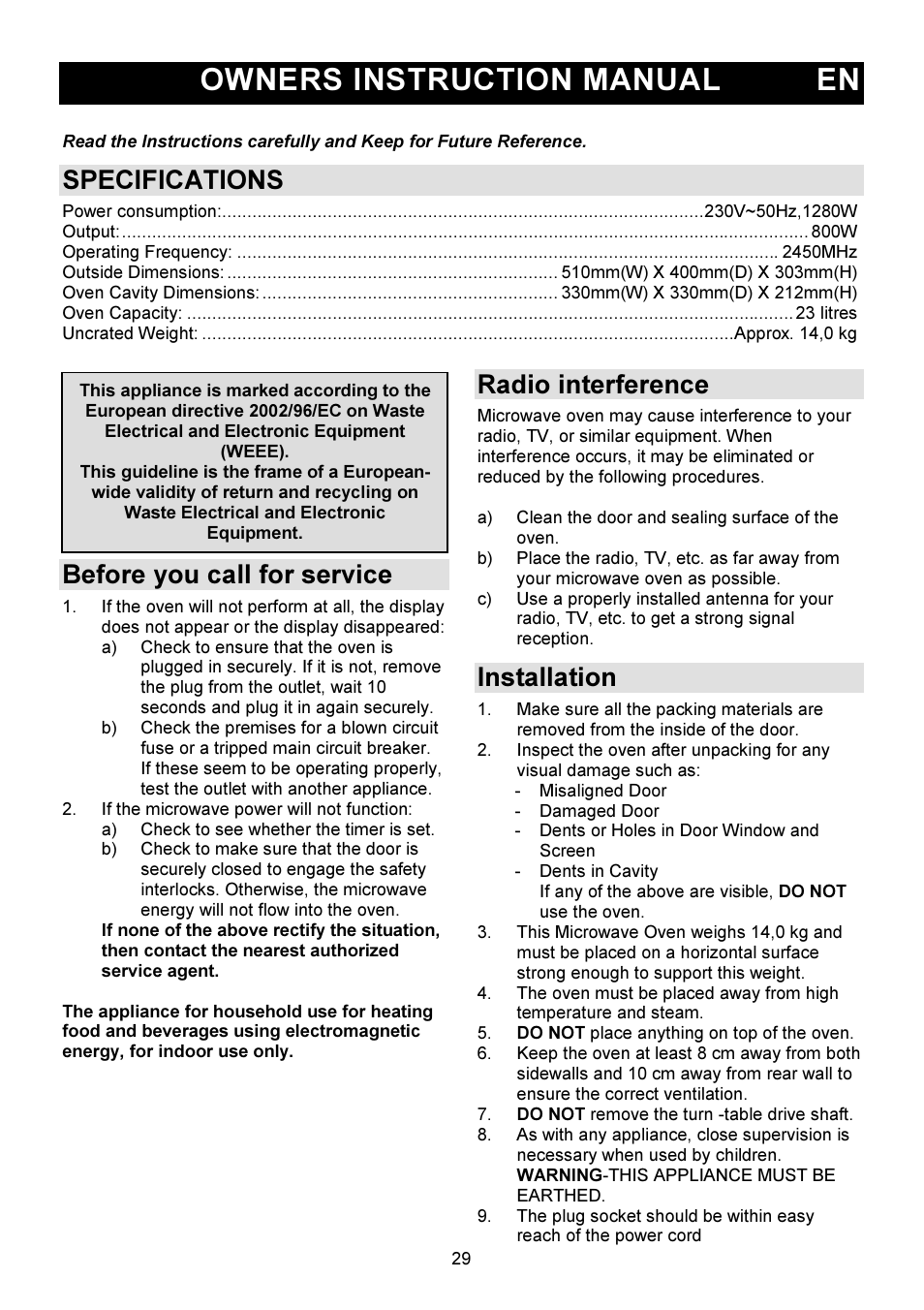 Owners instruction manual en, Specifications, Before you call for service | Radio interference, Installation | Gorenje GMO-23 DW User Manual | Page 29 / 144