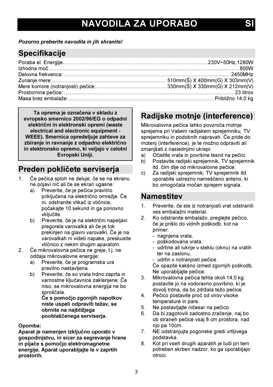Navodila za uporabo si, Specifikacije, Preden pokličete serviserja | Radijske motnje (interference), Namestitev | Gorenje GMO-23 DW User Manual | Page 3 / 144