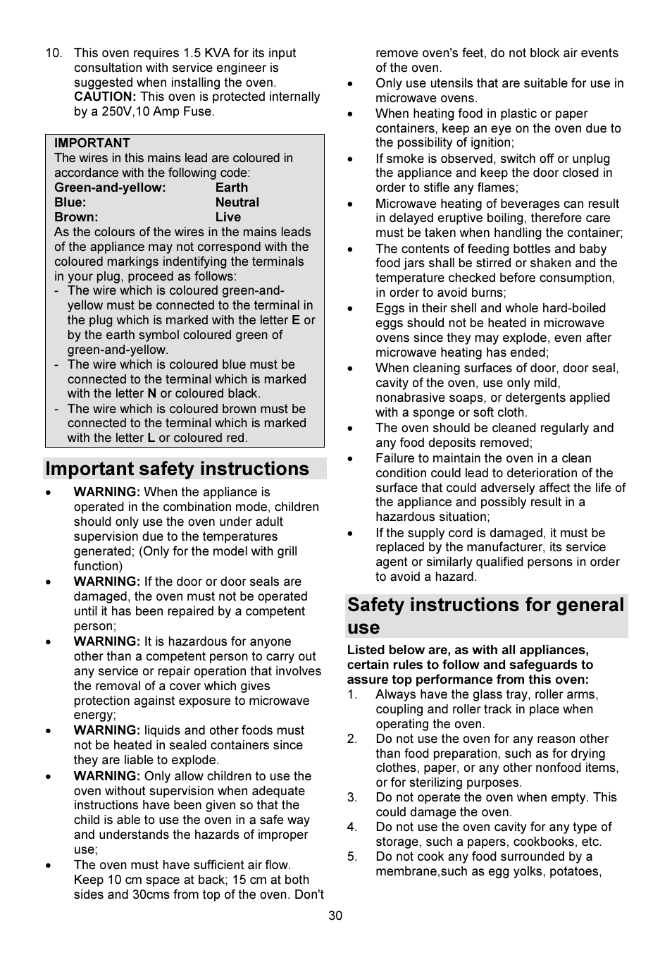 Important safety instructions, Safety instructions for general use | Gorenje GMO-23 DW User Manual | Page 30 / 144