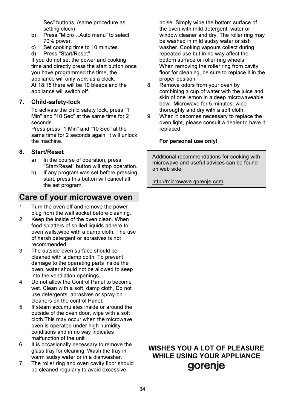 Care of your microwave oven | Gorenje GMO-23 DW User Manual | Page 34 / 144