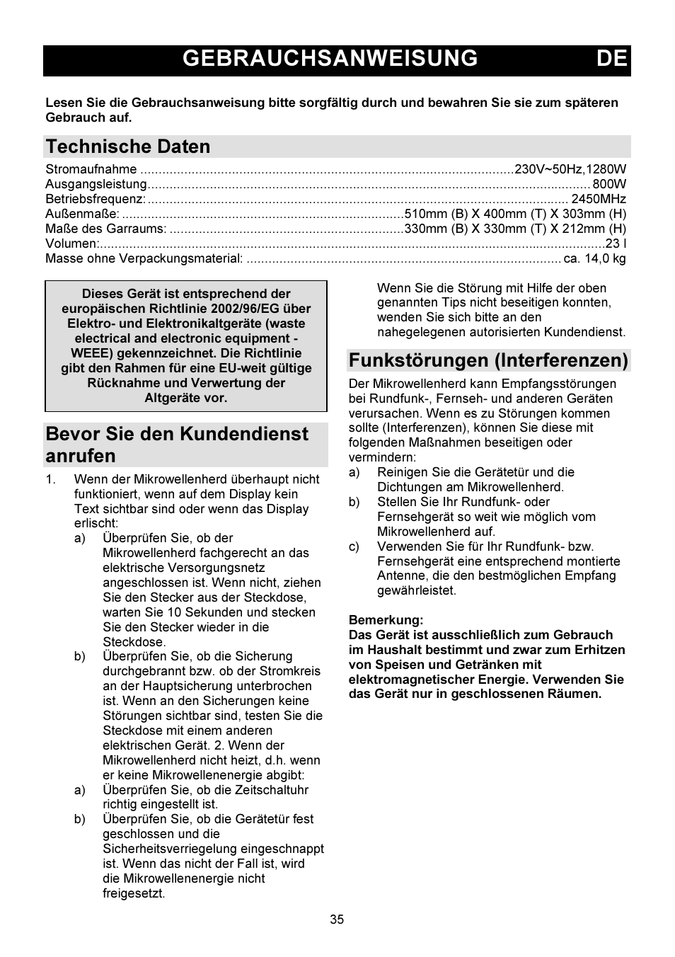 Gebrauchsanweisung de, Technische daten, Bevor sie den kundendienst anrufen | Funkstörungen (interferenzen) | Gorenje GMO-23 DW User Manual | Page 35 / 144