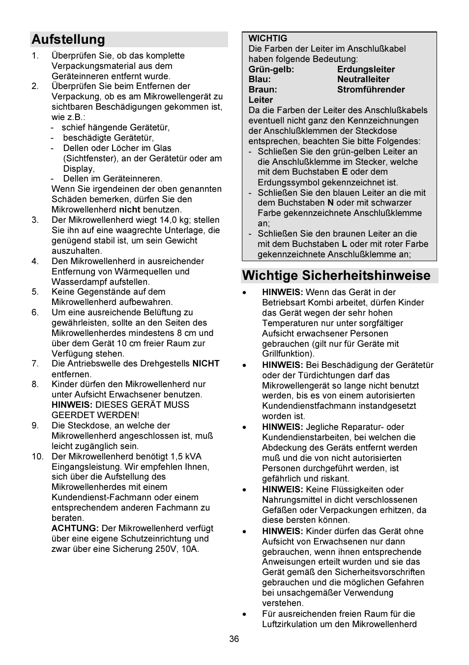 Aufstellung, Wichtige sicherheitshinweise | Gorenje GMO-23 DW User Manual | Page 36 / 144