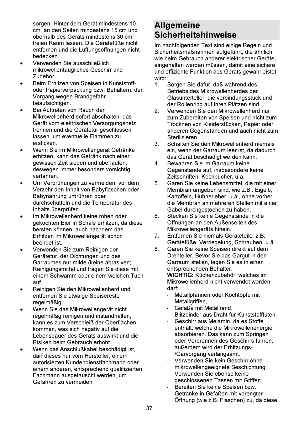 Allgemeine sicherheitshinweise | Gorenje GMO-23 DW User Manual | Page 37 / 144