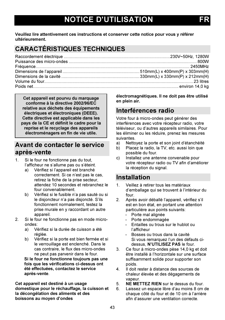 Notice d'utilisation fr, Caractéristiques techniques, Avant de contacter le service après-vente | Interférences radio, Installation | Gorenje GMO-23 DW User Manual | Page 43 / 144